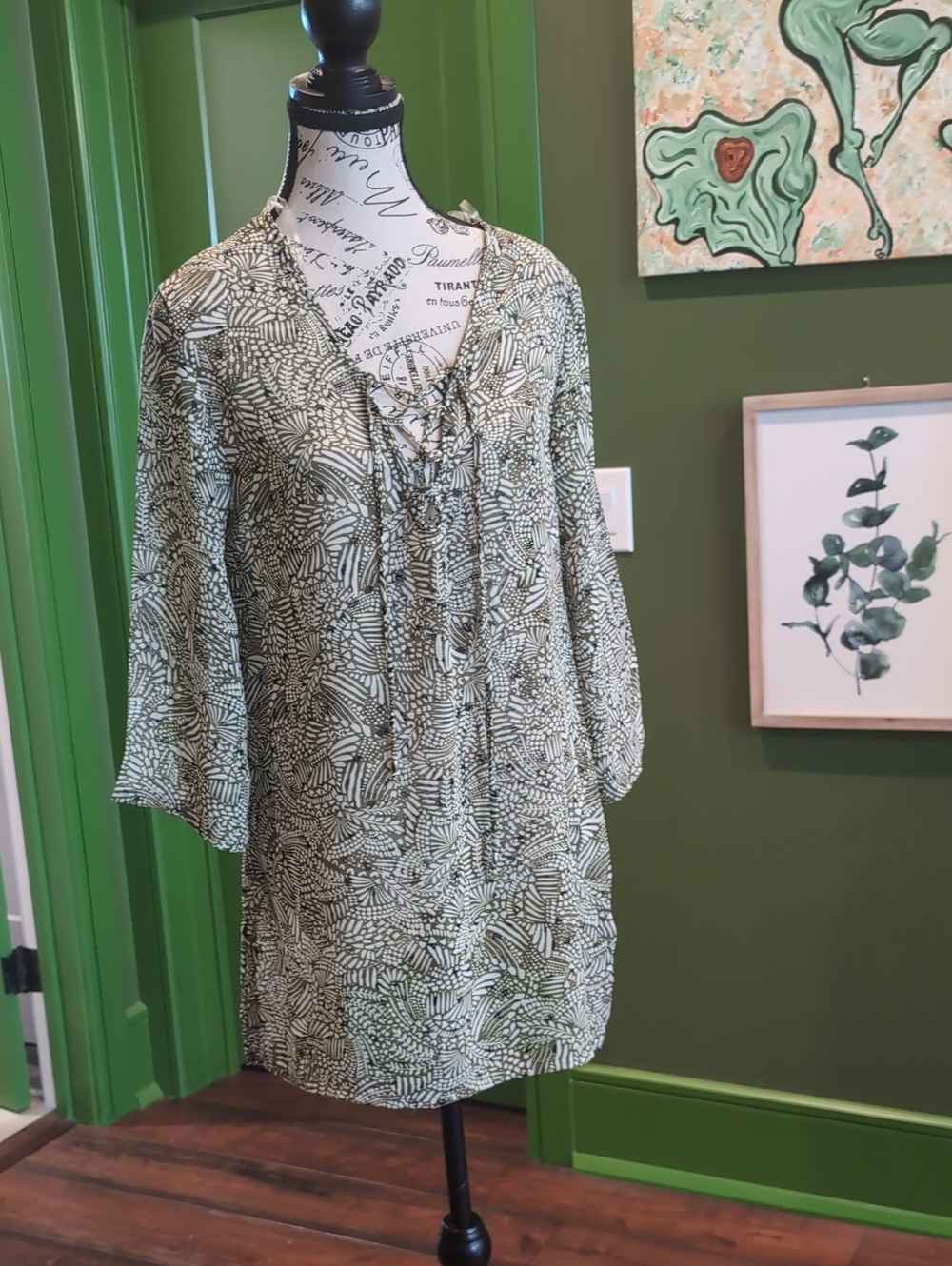 Printed Green J Valdi Lace-Up V-Neck Cover Up/ Tunic Top